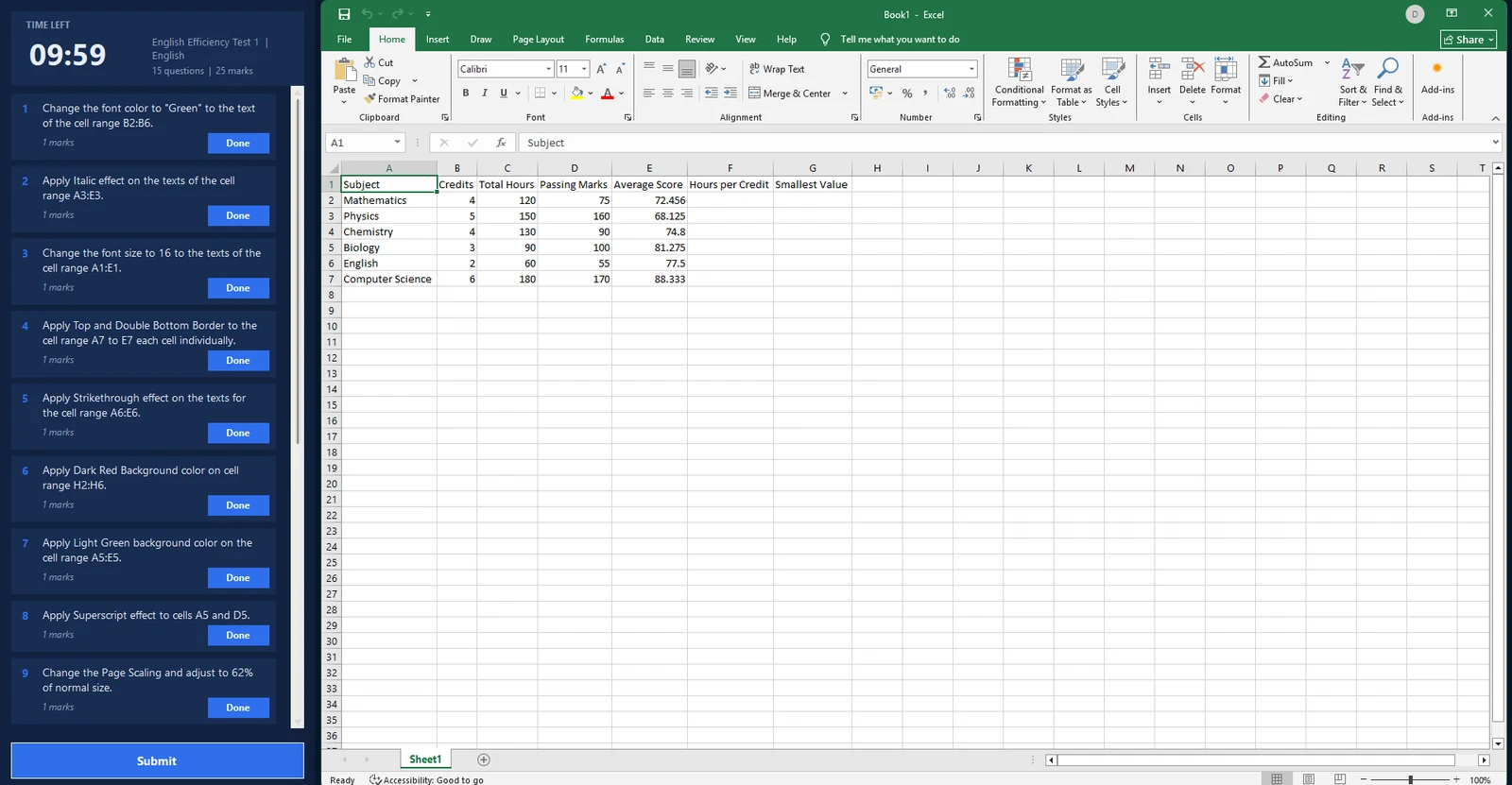 Excel efficiency test in English with task list and timer