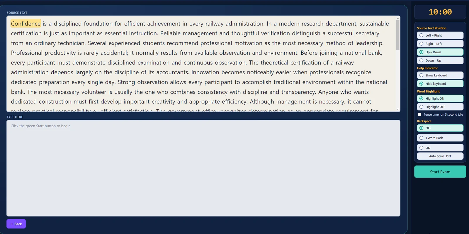 Exam screen with source text and typing box