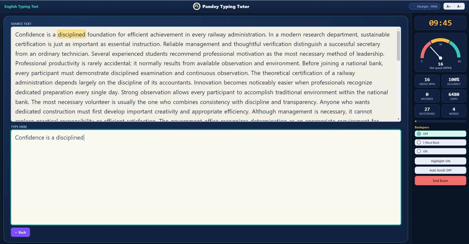Live typing with speedometer, WPM, accuracy and KDPH
